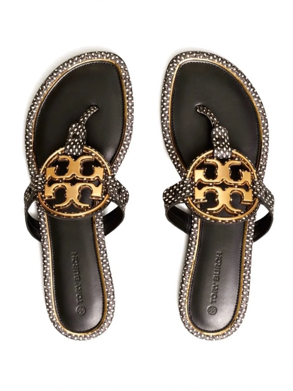 Tory Burch Black & White Leather Embossed Spotted Snake Metal Miller Sandals